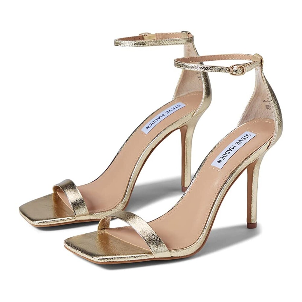 Steve Madden Shaye Square Toe Gold Heels Ankle Strap Size 9 Stiletto